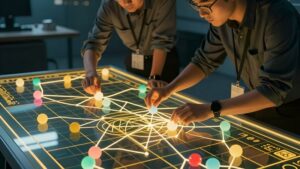 Analysts connecting glowing neon threads to map patterns in Asian lottery games