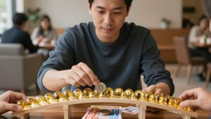 Asian man balancing coins and tickets to illustrate understanding wagering requirements Asian lottery bonuses