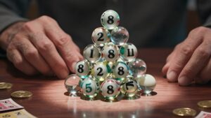 Hands stacking glass spheres into a pyramid for understanding wagering requirements Asian lottery promotions