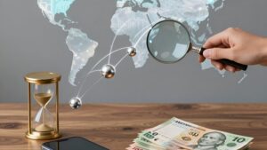 Magnifying glass examining currency flow across Asia for analyzing deposit withdrawal timelines international users