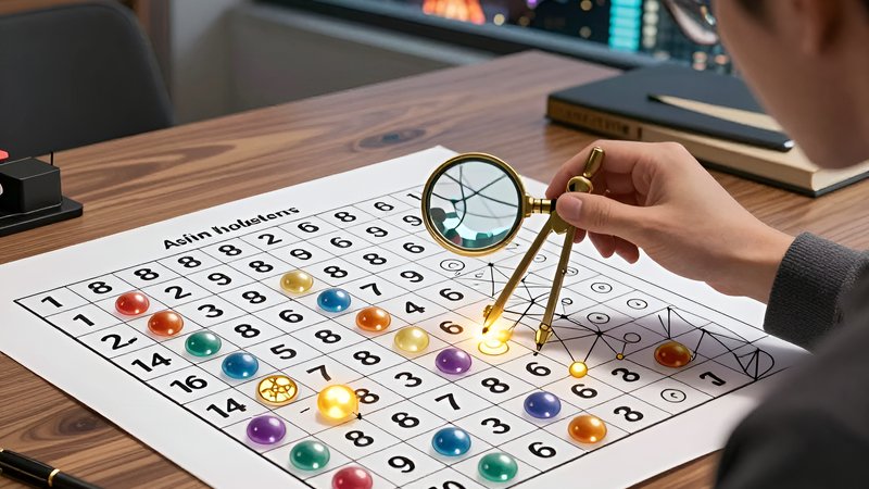 Person using a magnifying glass for analyzing probability patterns in Asian lottery games
